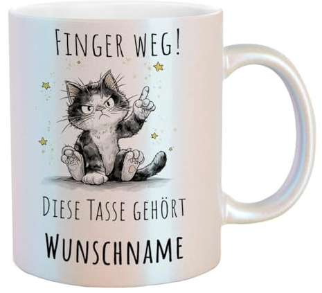 Birne 3-design® - bedruckte Tasse - beidseitig bedruckt - Finger weg! Diese Tasse gehört Wunschname – personalisierte Tasse, lustiges Geschenk für Katzenliebhaber, Büro & Zuhause – 300ml (Glitzer)