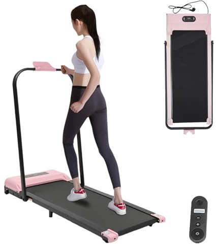 Laufband für Zuhause Klappbar, Walking Pad mit Sicherheitsgriff,Elektrisches Laufbänder mit LED-Anzeige und Fernbedienung,3HP Walking Machine bis 6km/h, Keine Montage Erforderlich (Rosa)