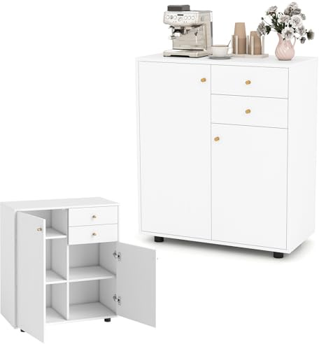 KOMFOTTEU Buffet Bas avec 2 Armoire à Porte, Meuble Rangement, 3 Étagère réglable, Armoire de Cuisine avec Kit Anti-basculement, pour Salon, Salle à Manger, Chambre, 74 x 35 x 85,5 cm (Blanc)