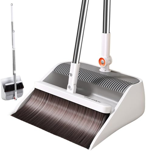 MOPUP Besen- und Kehrschaufel-Set mit langem Stiel, aufrechte Ausführung, geeignet für die Bodenreinigung, 180-Grad-Drehung, für Innen- und Außenbereich, 99 cm Langer Stiel, Weiß