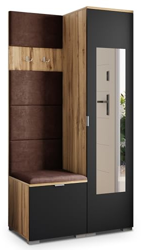 Masseno Flugarderoben Set VIRA, Kleiderschrank-Set mit Spiegel und Sitzbank, Garderobenschrank Flur mit 3 Regalböden, Eiche Wotan/Schwarz