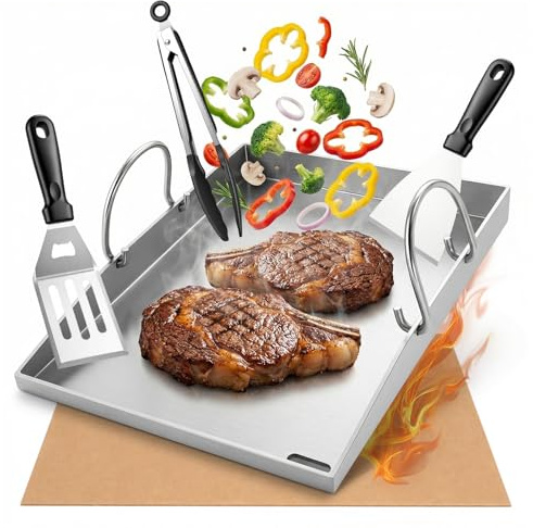 Lot de plancha de qualité supérieure - 40 x 30 cm - En acier inoxydable massif de 4 mm - Comprend 3 outils de barbecue et 30 feuilles de papier absorbant la graisse - Plaque de cuisson pour barbecue à