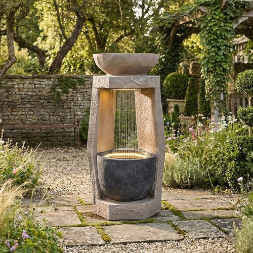 QQJIN Gartenbrunnen Steinoptik Mit LED & Pumpe – Dekorativer Terrassenbrunnen Als Outdoor Brunnen Garten, Einfach Zu Montieren, Für Terrasse, Balkon & Eingang,Beige