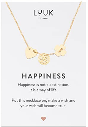 LUUK LIFESTYLE Collier porte-bonheur en acier inoxydable avec pendentifs cœur, mandala et trèfle à quatre feuilles, carte HAPPINESS, cadeau pour femme, or
