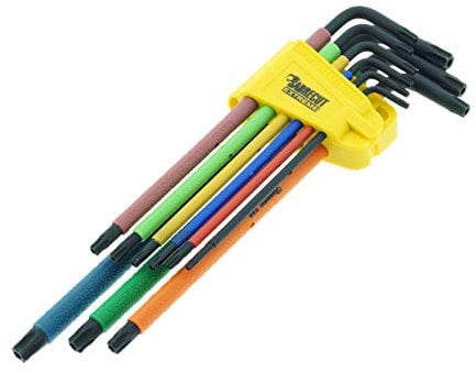 9-teiliger SabreCut SCTX009B Soft Grip Schwarzoxid-Extra langer Torx-Sicherheitsschlüsselsatz mit Farbcodierung â€“ GröÃŸen T10â€“T50