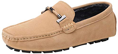 Jamron Mens Elegant Buckle Loafers Comfort Suede Driving Shoes Stylish Moccasin Slippers Camel Plush SN19020-2 UK6.5