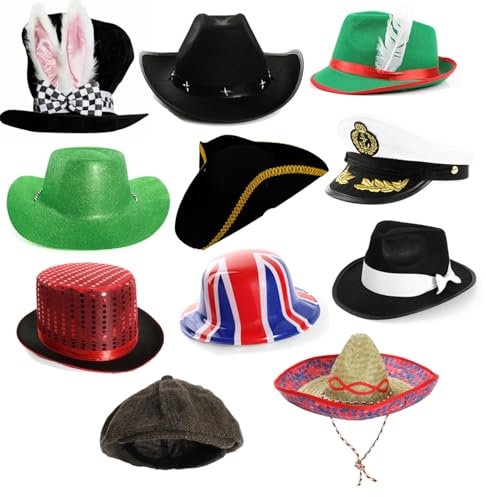 Paquete de 11 sombreros de fiesta para fotomatón. Sombreros novedosos para vestidos de fantasía. Sombreros divertidos para cumpleaños, graduaciones, bodas y fiestas. Tamaño: paquete de 11
