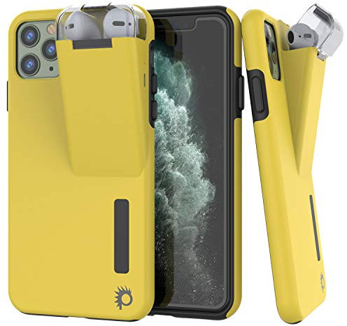 Punkcase for iPhone 11 Pro Max Airpod Charging Case Holder | Slim & Durable 2 in 1 Cover Designed For iPhone 11 Pro Max (6.5) | Protects Your Phone + Stores & Charges your AirPods Gen. 1 & 2 [Yellow]