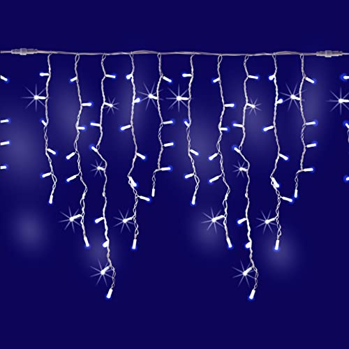 Luccika Cascata di Stalattiti Professionali, colore luci Blu, 5 Metri con 380 Maxi LED da 8 mm, Flash Ghiaccio, Pendenti varie lunghezze fino ad 1 Metro, Prolungabile, per uso Interno/Esterno