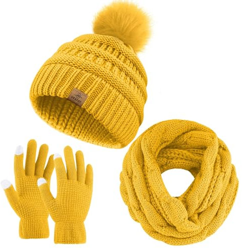 URATOT Warmes Strickset für den Winter, Beanie mit Bommel, Mütze, Schals, Wintergesichtsschutz, Touchscreen-Handschuhe, Schal-Set für Herren und Damen, Fuchsrot, Medium