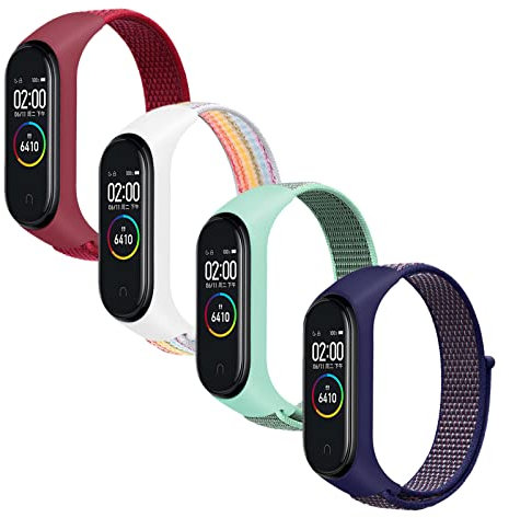 HYKEJI 4 Stück Nylon Solo Loop Armband Kompatibel mit Xiaomi Mi Band 6/Mi Band 5/Mi Band 4/Mi Band 3, Nylon Armbänder Uhrenarmband Sport Ersatzband für Xiaomi Mi Band 6/5/4/3 (4PCS-L)