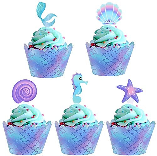 Kukifun Meerjungfrau Tortendeko - 40 Stück Meerjungfrau Kuchen Deko & Cupcake Topper Set für Mädchen Geburtstagsparty, Babyparty & Unterwasserparty