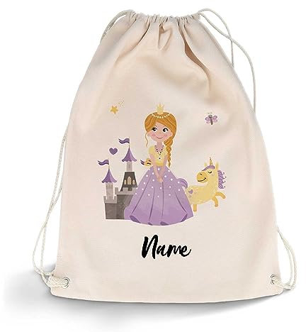 GRAVURZEILE Bedruckter Turnbeutel - Prinzessin & Wunschname - Sportbeutel Rucksack Daypack Gymbag mit Kordelzug - für Schule und Freizeit Sport - für Mädchen - 12 Liter 33x45 cm