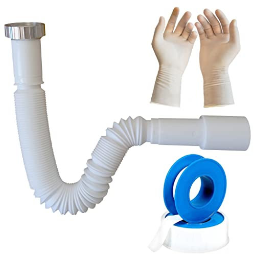 Parpyon Sifone Lavabo Bagno Tubo Flessibile Sifone da Cucina - G 1 1/4 x 32/40 mm, Estensibile da 320-800 mm, Antiodore + nastro e guarnizione accessori (Tubo Scarico 1-1/4-32/40mm)