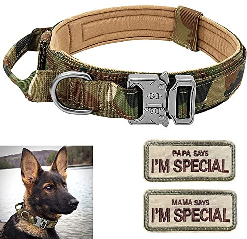 Hundehalsband Verstellbar mit Kontrollgriff, Taktisch Halsband Nylon, Hunde Halsband Gepolstert, Metallschnalle, für Mittlere Große Hunde Jagd Training Outdoor, Grün M