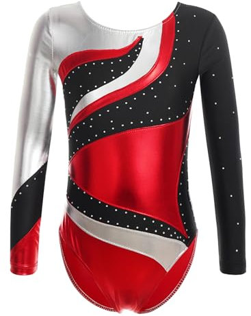 TTAO Kinder Turnanzug Gymnastikanzug Mädchen Leotard Langarm Ärmellos Trikot Training Dancewear Gymnastikbody Tanzbekleidung Wettkampf Rot 170-176