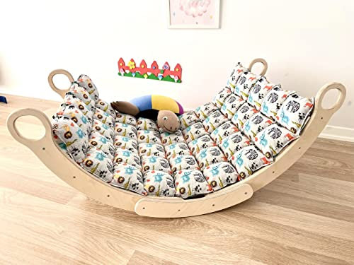 My Photostation.com Montessori 2-teiliges Set Bogen und Kissen aus Holz Kletterbogen Kissen Pikler Dreieck Set Kinder Kletterbogen Wippkissen Kletterer Kleinkind Wippe Kinderspielzeug Holz Waldorf