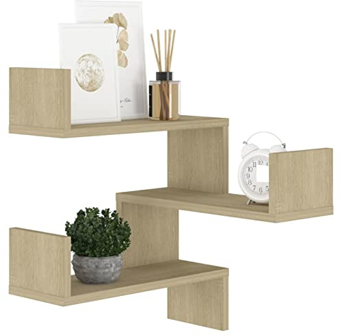 Keketa Eckregal, 3 Etagen, Holz, schwebendes Wandregal mit Zickzack-Design, moderne hängende Eckregale für Schlafzimmer, Wohnzimmer, Küche und Büro, Sonoma-Eiche, 40 x 40 x 50 cm, Holzwerkstoff