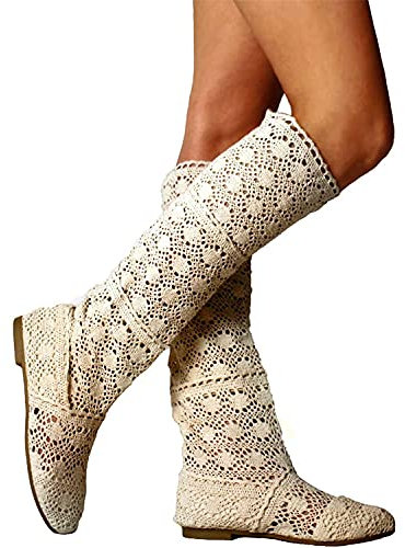 ORANDESIGNE Donna Ricamo Stivali Estive Affascinante Traspirante Stivali Elegante Sandali Tinta Unita Stivali Piatti Testa Rotonda Stivali A Beige 40 EU