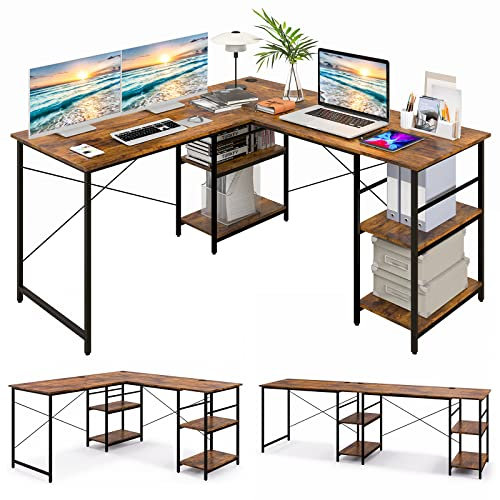 GOPLUS Escritorio con Estantes de Almacenamiento en Forma de L, Escritorio de Esquina Industrial de Madera de 29M, Escritorio Largo para 2 Personas, Escritorio Grande de PC, 242×60×75CM