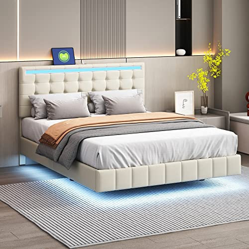 FEZTOY Polsterbett 140 x 200 cm, Bett Schwebebettrahmen mit LED-Leuchten und 2 USB Anschlüsse, Doppelbett, Gästebett in hautfreundlichem Leinen, Ohne Matratze (140x200, Beige)