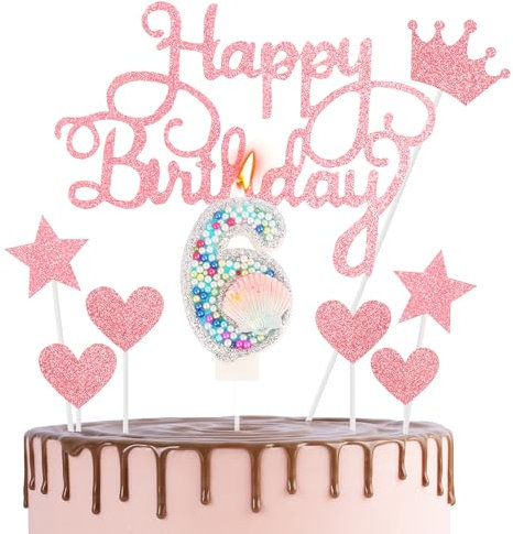 Happy 6th Birthday Cake Topper & Birthday Candle Pink Number 6 Candle for Birthday Cake - Colourful Beads 6th Birthday Candle Cake Cupcake Topper Birthday Cake Decorations for Girls Birthday Pink