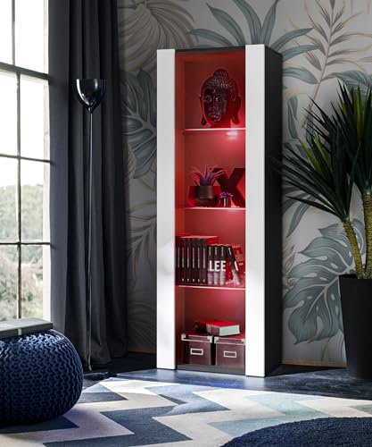 Komodee Vitrine Schrank Tivoli, Weiß/Schwarz, Breite 55cm x Höhe 159cm x Tiefe 35cm, LED RGB, 3 Regalböden, für Wohnzimmer, Schlafzimmer, Eingang