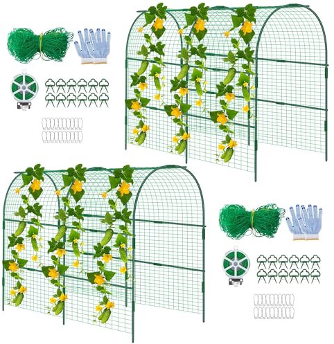 codree 2 Packungen Gartengurken-Rankgitter für Pflanzen, 119 x 129 cm, Metallbogen, Melonen-Rankgitter für Hochbeet, faltbares Tunnel-Spalier mit Kletternetz-Clips für den Anbau von Rebe, Gemüse