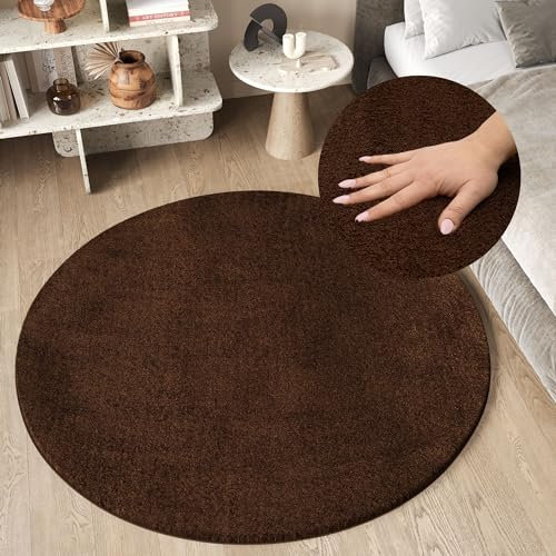 TAPISO Cuddle Teppich Rund Hochflor Braun Langflor Shaggy Einfarbig rutschfest Weich Waschbar Wohnzimmer Schlafzimmer Kinderzimmer ÖKOTEX 160 x 160 cm