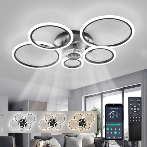 ycwdcz Plafoniera con Ventilatore da Soffitto, Anelli Lampadario Led con Ventilatore da Soffitto, Dimmerabile, Motore DC, Modalità Estate Inverno, Ventola Soffitto con Luce e Telecomando, Nero