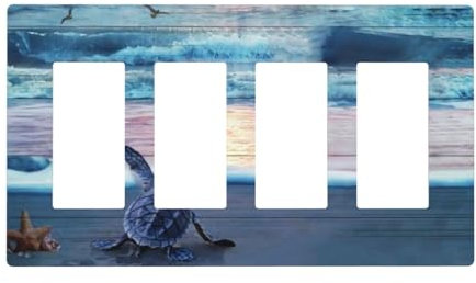 Nautische Ozeanwelle, blaugrün, Strandschildkröte, Jungen, Meeresleben, Seestern, Sonnenuntergang, Küste, 4-Gang-Quad-Gerät, schraubenlos, Dekorateur GFCI/Wippe, Wandplatte, Lichtschalter, Dimmer,