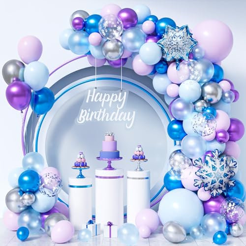 Party Forest Frozen Balloon Arch Kit, 112Pcs Snowflake Theme Macaron Purple Blue Balloon with Metallic Purple Blue Balloon, Debris Snowflake Balloon for Girl Kid Winter Birthday Holiday Party Supplies