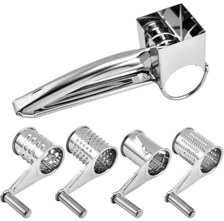 Ulsam Stainless Steel Cheese Grater, Kitchen Rotary Handheld Cheese Grater with 4 Roller Blades, Craft Metal Interchangeable Cheese Shredder for Grinding Cheese Chocolate Nuts (Silver), 4421900