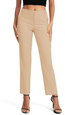 EXCHIC Donne Business Casual Elastica Vita Gamba Dritta Pantaloni con Tasche(S, Khaki)