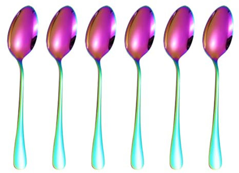 JIHUOO 6 Pcs 13.5cm Colorful Stainless Steel Tea Spoons Small Rainbow Metal Spoons Espresso Coffee Spoons Mini Dessert Teaspoons Dinner Table Spoons Ice Cream Spoons