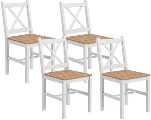 HOMCOM Set 4 Sedie Schienale Croce 41x46.5x86 cm Bianco e color Rovere | per Cucina e Soggiorno, Sedie Classiche in Legno di Pino