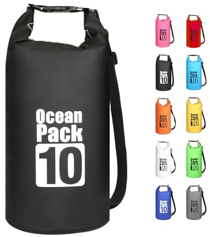 Noir 10L Sac étanche Polyvalent, 2L/5L/10L/15L/20L/30L Waterproof Dry Bag avec Longue Bandoulière Réglable Sac à Dos Confort Imperméable pour Bateau/Kayak/Pêche/Rafting/Natation/Camping/Snowboard