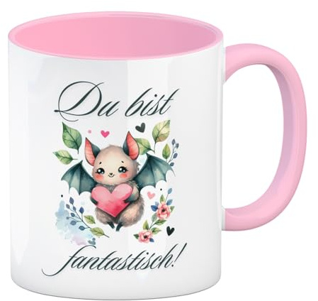niedliche Fledermaus mit Herz Kaffeebecher in rosa mit Spruch Du bist fantastisch Niedliche Fledermaus Tasse mit Herz Süßes Tier mit Flügel Liebevoller Cartoon-Kaffeebecher in