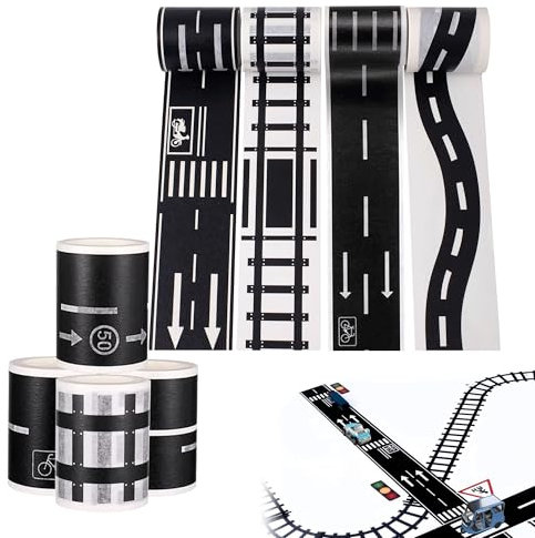 Caldamn 4 Rollen Schwarz & Weiß Züge Eisenbahnen Straßen Klebeband - Washi Tape für Kinder Spielen - Schnelle Reinigung Klebe Strasse