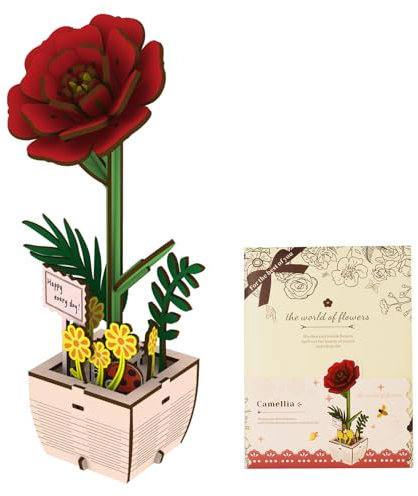 AUAUY 3D Puzzle Blumen Blumenstrauß Hölzerne Blüte Handwerk Modell Kits für Erwachsene Ewige Blumen, Romantisches Geschenk für Ihren Geburtstag/Valentinstag/Muttertag, DIY Zuhause Geschenke-Rot