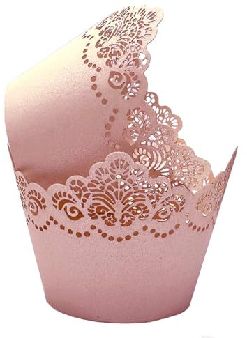 KOSTOO 50Pcs Cupcake Wrappers Hollowing Out Crown Bake Cake Paper Lace Laser Cut Liner Baking Cup Wraps Muffin for Wedding Party Birthday Decoration (Light Pink)