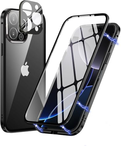 MIMGOAL Hülle für iPhone 16 Pro Max 360 Grad Magnetisch Schwarz | Gehärtetes Glas vorne und hinten, Magnetischer Aluminiumrahmen, Integrierter Kameraschutz, Transparente Vorder- und Rückseite