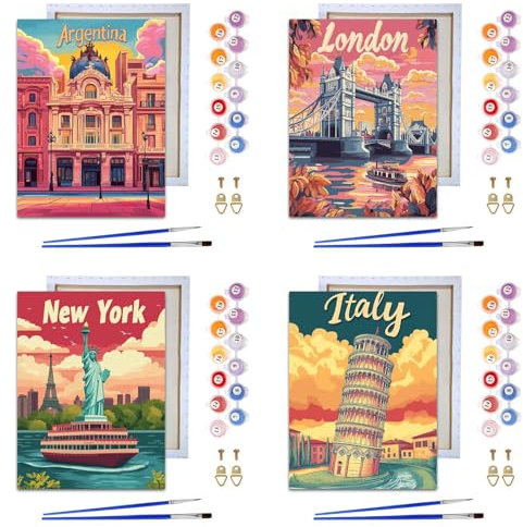 Reofrey Lot de 4 Kits de Peinture à l'Huile Pour Adultes - Cadre 20 x 30 cm, Pinceau et Acrylique Inclus - Par Numéros Pour Enfants, Débutants et Personnes Âgées