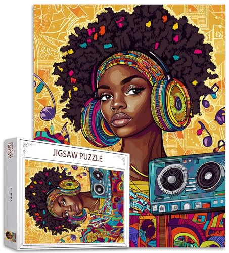 Rock and Roll Girl 1000 Teile Puzzle für Erwachsene Curly Hair Black Girl Painting Jigsaw Puzzle Musikbox Tape 1000 Teile Puzzle Game Cool Girl Wear Headphone Wall Decor DIY Craft Puzzle Art