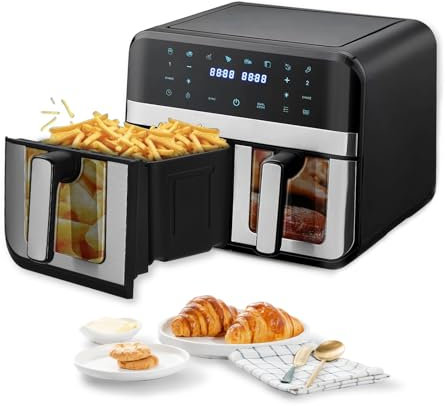 funrautz Friteuse à Air Sans Huile, Double Zone, Grande Capacité 9L, Fenêtre de Visualisation, Écran Tactile, Minuterie Intelligente, Cuisson Saine et Faible en Gras, Multifonction Noir