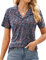 Rapbin Women Polo Shirt Retro Short Sleeve Classic Collared V Neck Business Casual Work Golf Polos Tunic Blouse Blue Brown