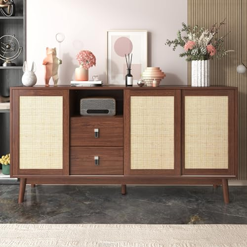 Soweiz Sideboard mit 3 Schiebetüren Aus Echtem Rattan und 2 Schubladen, Atmungsaktiv, Stabil und Langlebig, Mehrere Ablageflächen, 155x38x80 cm (Dunkles Holz)