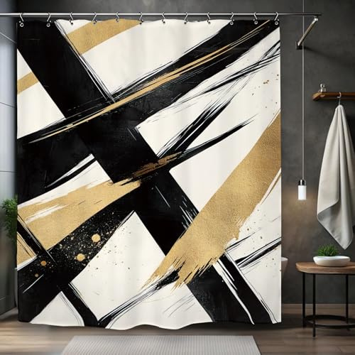 Kalmico Rideau de douche abstrait moderne minimaliste 152,4 x 183 cm (l x L) - Noir et doré - Art contemporain neutre - Esthétique - Simple - Ensemble d'accessoires de décoration avec 12 crochets