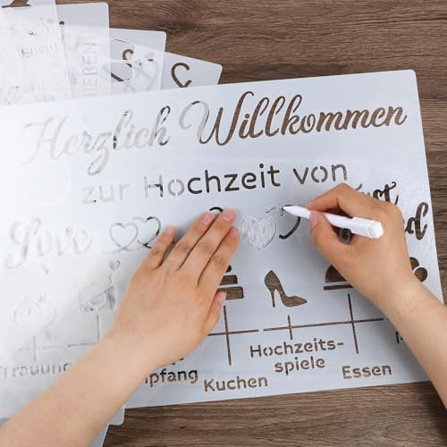 8pcs Hochzeit Schablonen zum Malen Wiederverwendbar Malschablonen für Hochzeit Willkommensschild Personalisiert Hochzeitsdeko Willkommen Welcome Schild Malvorlagen Buchstaben Tischplan 41x29cm