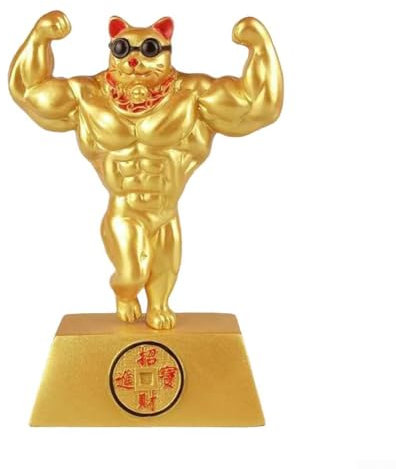 Elegante Glückskatze aus Kunstharz, goldfarben, Handmuskel-Design für Reichtum und Vermögen